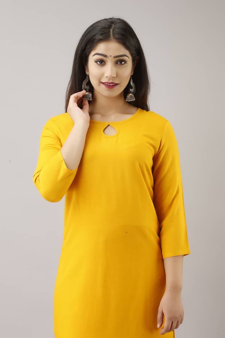 18 FOREVER V R FOR U Women Solid Straight Rayon Kurta and Kurti Yellow