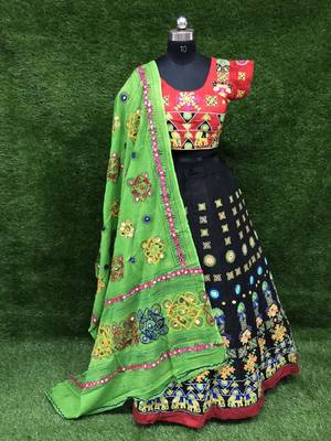 Black embroidered cotton semi stitched lehenga 1