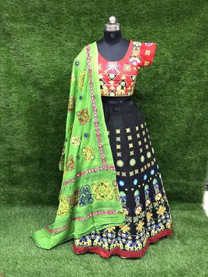 Black embroidered cotton semi stitched lehenga 2