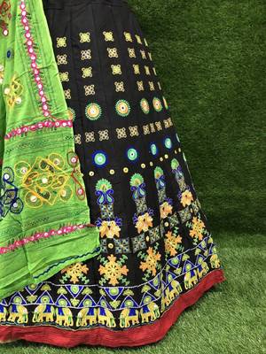 Black embroidered cotton semi stitched lehenga 4