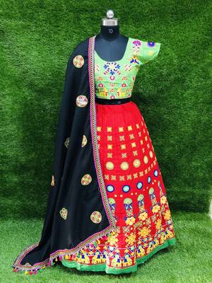 Red embroidered cotton semi stitched lehenga 1