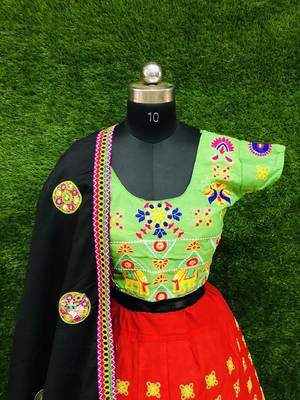 Red embroidered cotton semi stitched lehenga 2