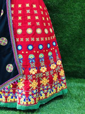 Red embroidered cotton semi stitched lehenga 3