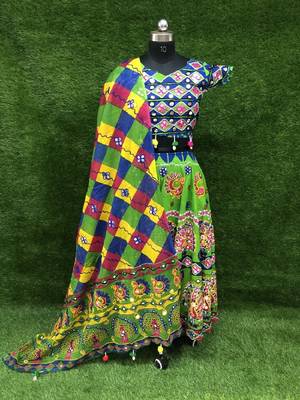 Green embroidered cotton semi stitched lehenga 1