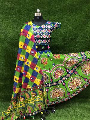 Green embroidered cotton semi stitched lehenga 2