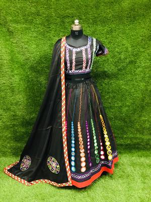 Black embroidered cotton semi stitched lehenga 1