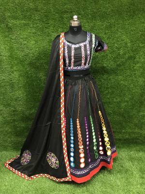 Black embroidered cotton semi stitched lehenga 2