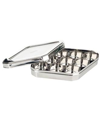 Coconut Stainless Steel Badam Katli Shape Masala Box /Katli Shape C-Thru Lid - Spice Container with 9 Bowls 1