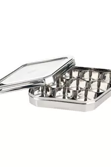 Coconut Stainless Steel Badam Katli Shape Masala Box /Katli Shape C-Thru Lid - Spice Container with 9 Bowls