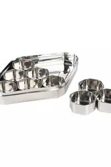 Coconut Stainless Steel Badam Katli Shape Masala Box /Katli Shape C-Thru Lid - Spice Container with 9 Bowls