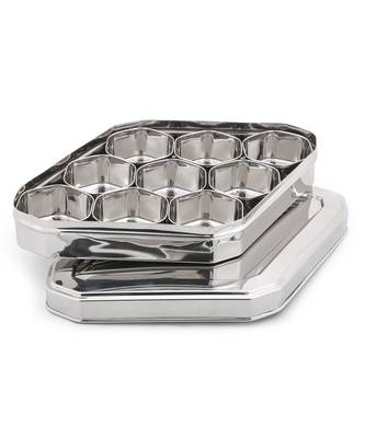 Coconut Stainless Steel Kaju Katli Shape Masala Box - SS Lid Spice Container with 9 Bowls - Diamater - 14 Inches 1