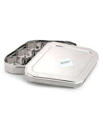 Coconut Stainless Steel Kaju Katli Shape Masala Box - SS Lid Spice Container with 9 Bowls - Diamater - 14 Inches 2