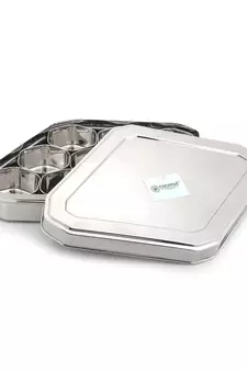 Coconut Stainless Steel Kaju Katli Shape Masala Box - SS Lid Spice Container with 9 Bowls - Diamater - 14 Inches