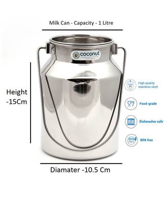 Coconut Stainless Steel Plain Milk Can/Milk Barni/Milk Pot/Oil Can (with Lid) - Capacity 900ML - Diamater - 10.5 cm 2