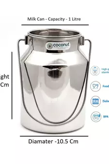 Coconut Stainless Steel Plain Milk Can/Milk Barni/Milk Pot/Oil Can (with Lid) - Capacity 900ML - Diamater - 10.5 cm