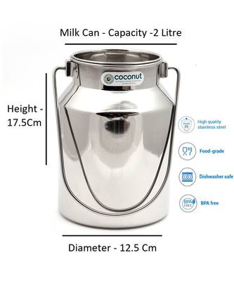 Coconut Stainless Steel Plain Milk Can/Milk Barni/Milk Pot/Oil Can (with Lid) - Capacity 2 Litre - Diamater - 12.5 cm 2