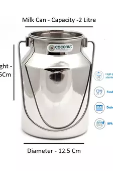 Coconut Stainless Steel Plain Milk Can/Milk Barni/Milk Pot/Oil Can (with Lid) - Capacity 2 Litre - Diamater - 12.5 cm