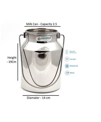 Coconut Stainless Steel Plain Milk Can/Milk Barni/Milk Pot/Oil Can (with Lid) - Capacity 2.5 Litre - Diamater - 22.5 cm 2