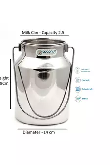 Coconut Stainless Steel Plain Milk Can/Milk Barni/Milk Pot/Oil Can (with Lid) - Capacity 2.5 Litre - Diamater - 22.5 cm