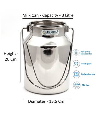 Coconut Stainless Steel Plain Milk Can/Milk Barni/Milk Pot/Oil Can (with Lid) - Capacity 3 Litre - Diameter - 15.5 2