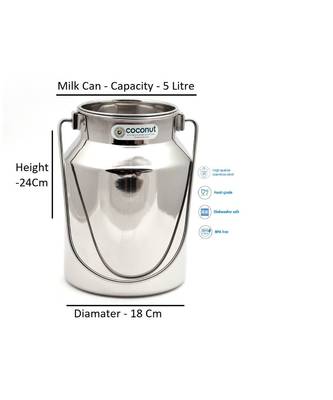 Coconut Stainless Steel Plain Milk Can/Milk Barni/Milk Pot/Oil Can (with Lid) - Capacity 5 Litre - Diamater - 18 cm 2