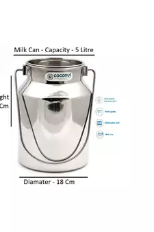 Coconut Stainless Steel Plain Milk Can/Milk Barni/Milk Pot/Oil Can (with Lid) - Capacity 5 Litre - Diamater - 18 cm