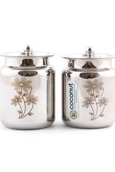 Coconut Stainless Steel Laser Ghee Pot / Oil Pot / Pickle Pot - 2 Pc (Capacity - 400 ML Each) - Size 3