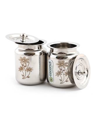 Coconut Stainless Steel Laser Ghee Pot / Oil Pot / Pickle Pot - 2 Pc (Capacity - 400 ML Each) - Size 3 2