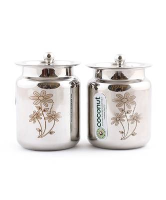 Coconut Stainless Steel Laser Ghee Pot/Oil Pot/Pickle Pot - 2 Pc (Capacity - 500 ML Each) - Size 4 1