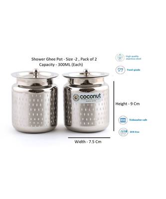 Coconut Stainless Steel Shower Ghee Pot/Oil Pot/Pickle Pot - 2 Pc (300 ML Each) - Size 2 3