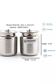 Coconut Stainless Steel Shower Ghee Pot/Oil Pot/Pickle Pot - 2 Pc (300 ML Each) - Size 2