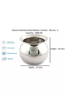 Coconut Stainless Steel Balloon/Gundu/Pongal Pot/Multipurpose Pot - 1 Unit - Diameter -17 Cms (Capacity -3000ML)