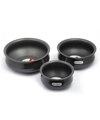 Coconut Hard Anodised Curry Pot Plain Cookware,Set of 3 - Capacity - 3.25L, 2.5L & 1.5Litres,Black 2