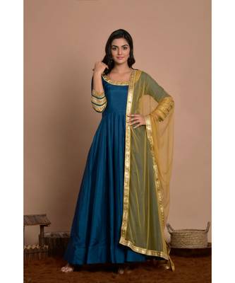 blue anarkali with golden net dupatta 1