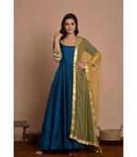 blue anarkali with golden net dupatta