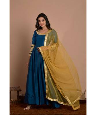 blue anarkali with golden net dupatta 2
