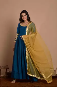 blue anarkali with golden net dupatta