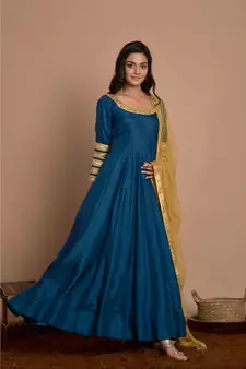 blue anarkali with golden net dupatta