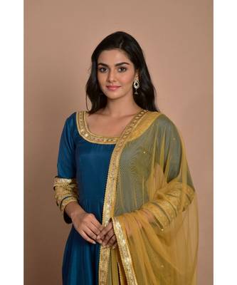 blue anarkali with golden net dupatta 4