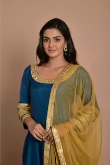 blue anarkali with golden net dupatta