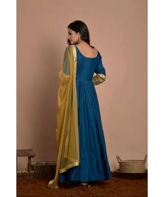 blue anarkali with golden net dupatta 5
