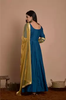 blue anarkali with golden net dupatta
