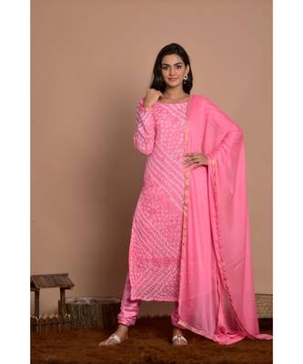 pink bandhani kurta churidar set with dupatta 1