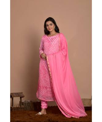 pink bandhani kurta churidar set with dupatta 2