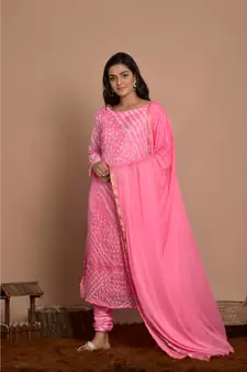 pink bandhani kurta churidar set with dupatta