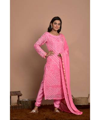 pink bandhani kurta churidar set with dupatta 3