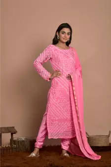 pink bandhani kurta churidar set with dupatta