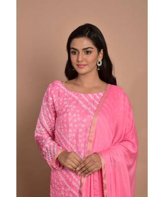 pink bandhani kurta churidar set with dupatta 4