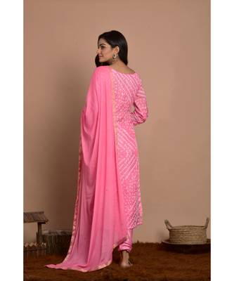 pink bandhani kurta churidar set with dupatta 5