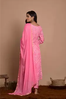 pink bandhani kurta churidar set with dupatta
